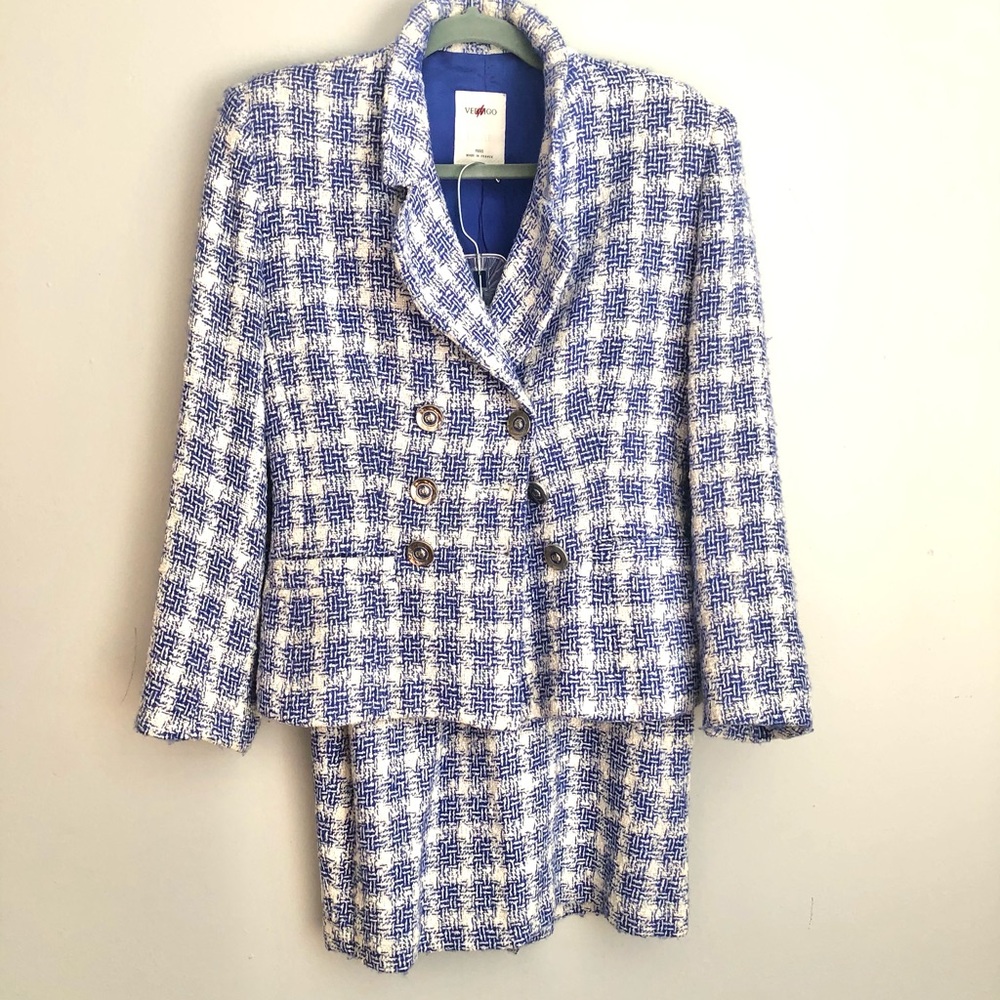 Vertigo Paris Blue and White Tweed Double-Breasted Blazer Suit